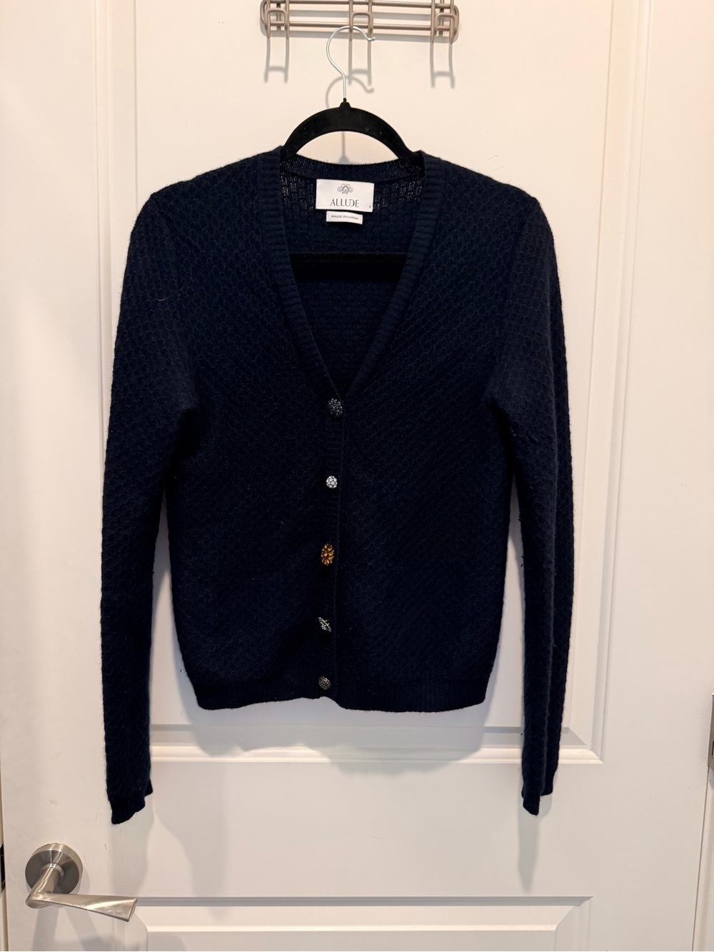 Allude Navy Textured Knit Button-Up Cardigan with Gem Buttons Size S
